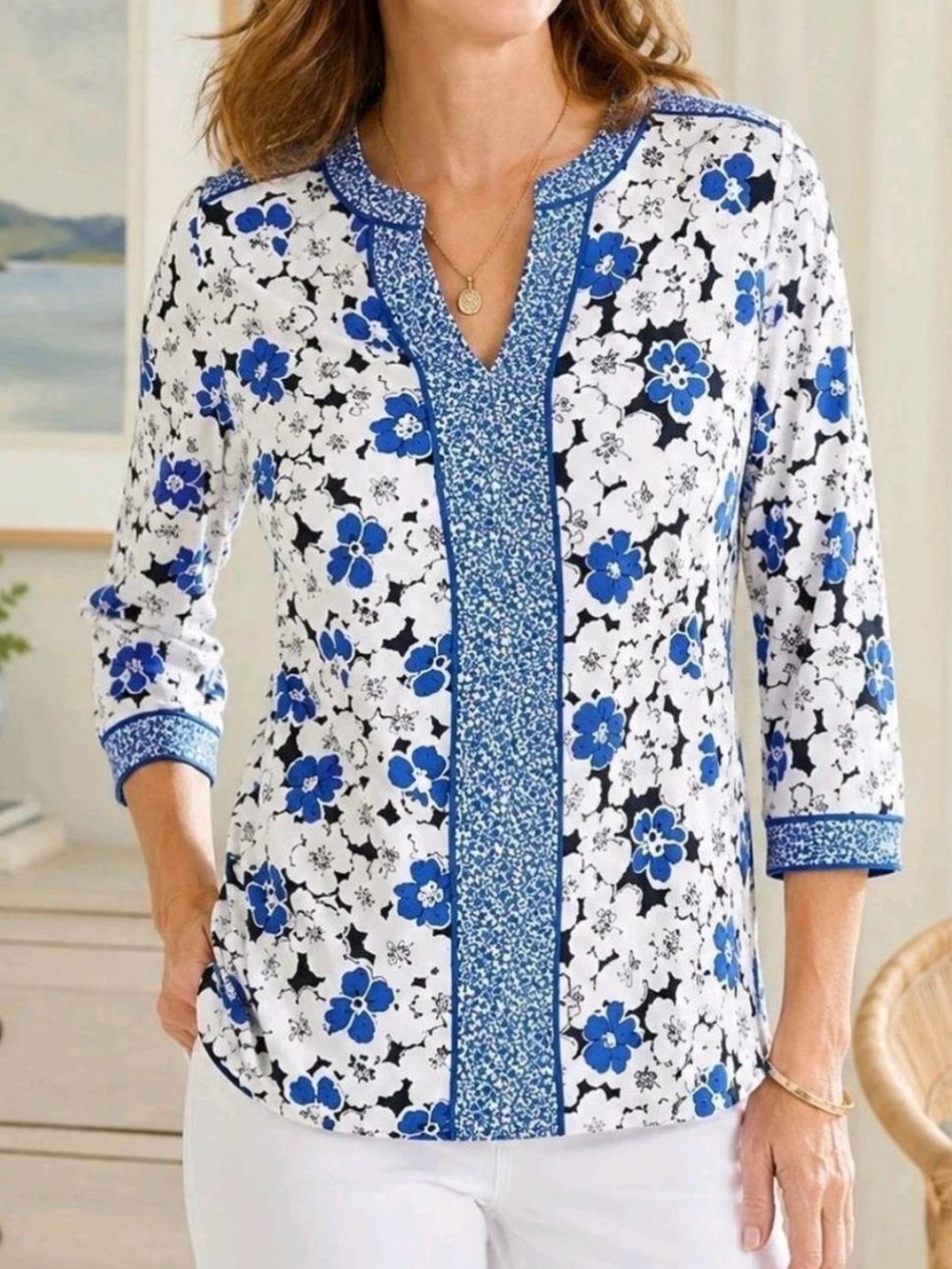 Talbots Blue Floral Tunic Top Sz MP Medium Petite Classic Preppy Office Modest
